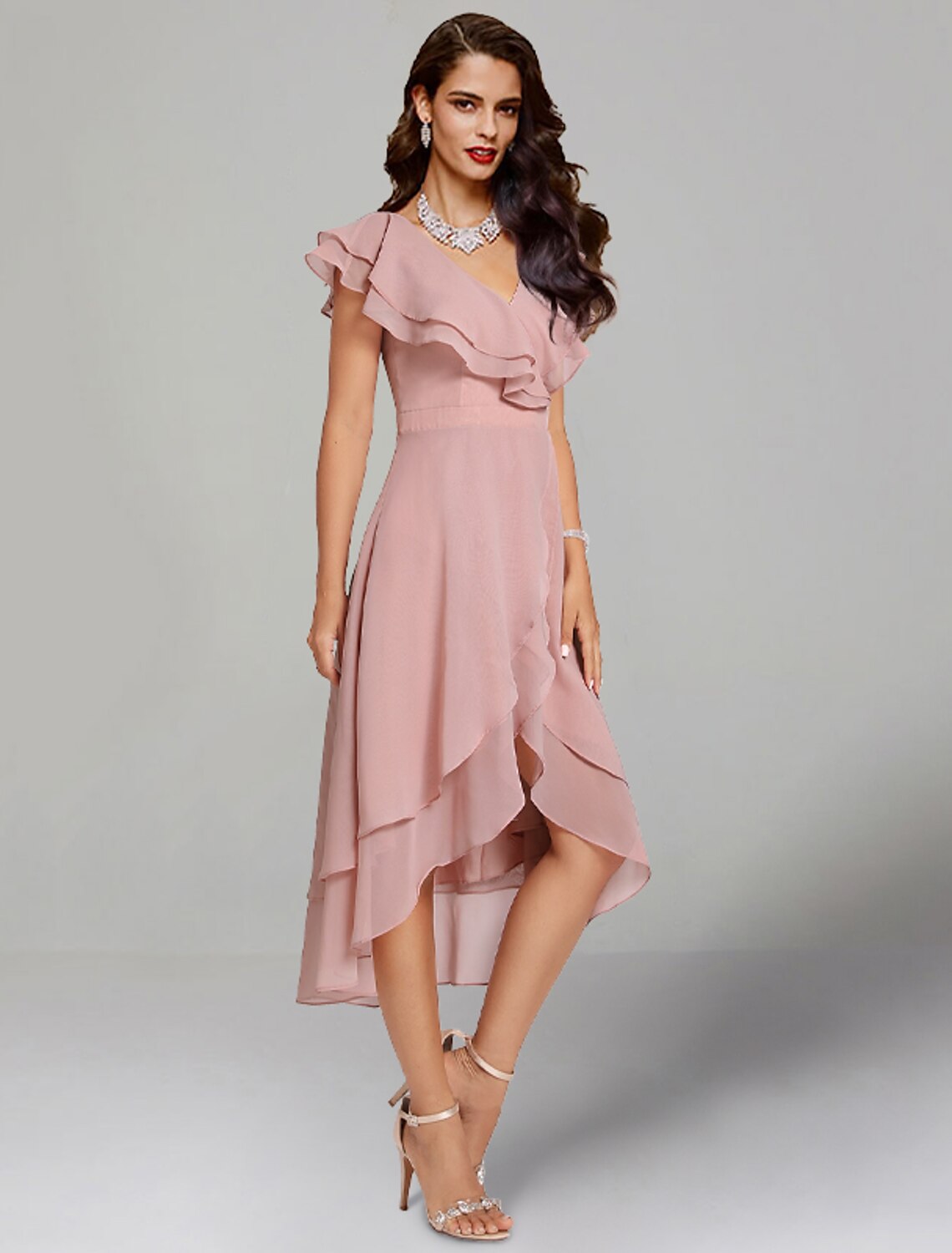 Dusty Rose Chiffon A-Line Asymmetrical Bridesmaid Dress with Cascading Ruffles