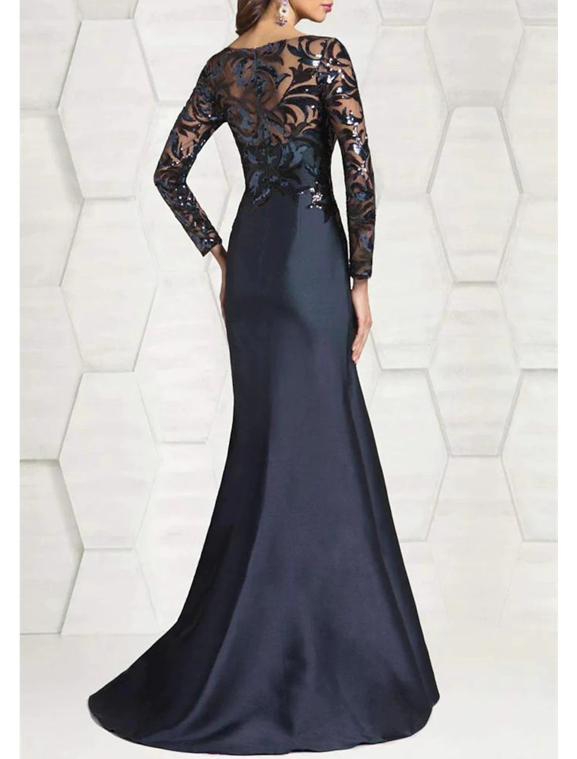 Abito da sposa a sirena/tromba per la madre della sposa, elegante, scintillante e brillante, con scollo gioiello, lunghezza pavimento, in raso, con paillettes, maniche lunghe e blocchi di colore con paillettes
