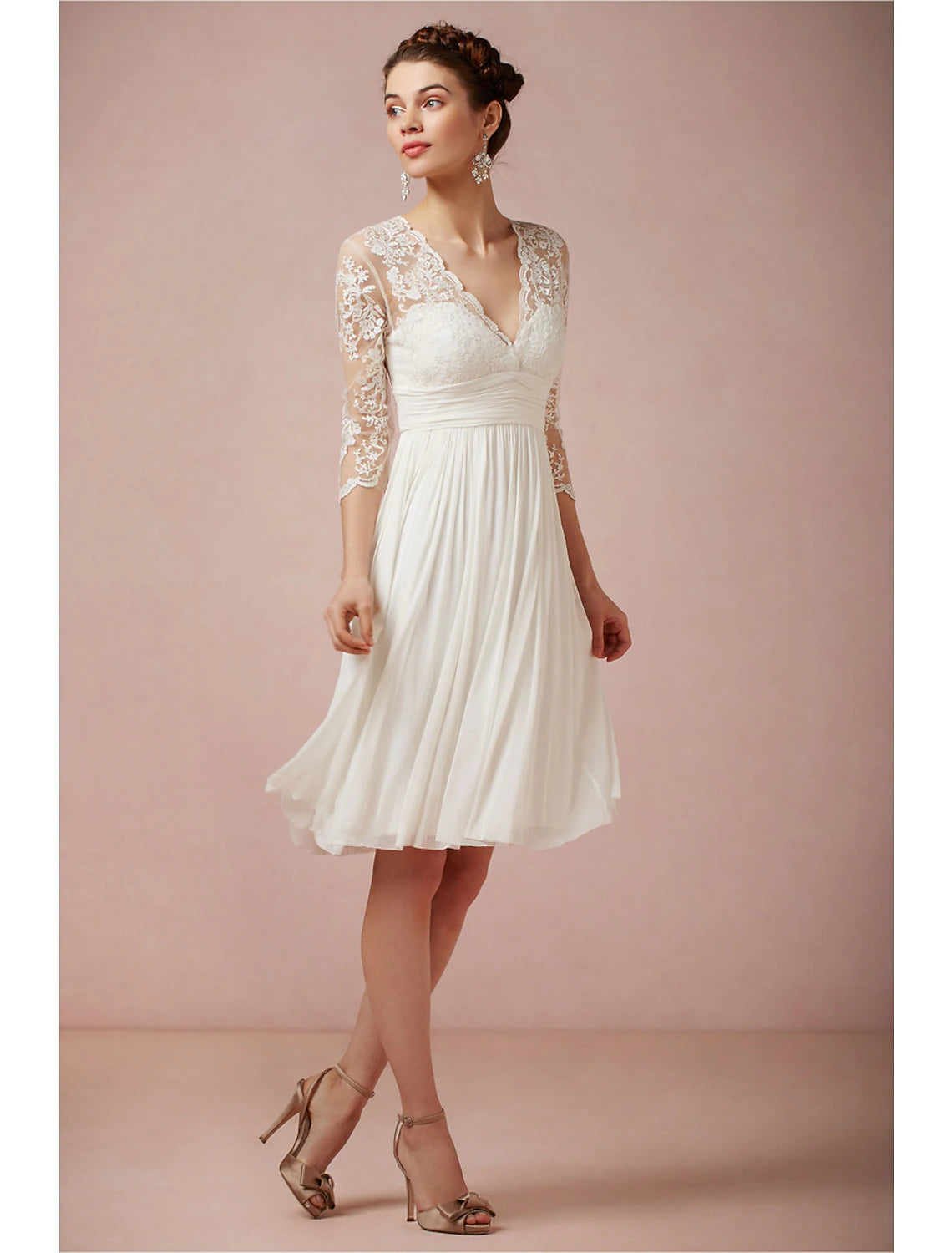 Abiti da sposa autunnali da ricevimento, con schiena scoperta, abitini bianchi, linea ad A, scollo a V, maniche a 3/4, lunghezza al ginocchio, abiti da sposa in chiffon con arricciature, abbigliamento estivo da donna per feste di matrimonio