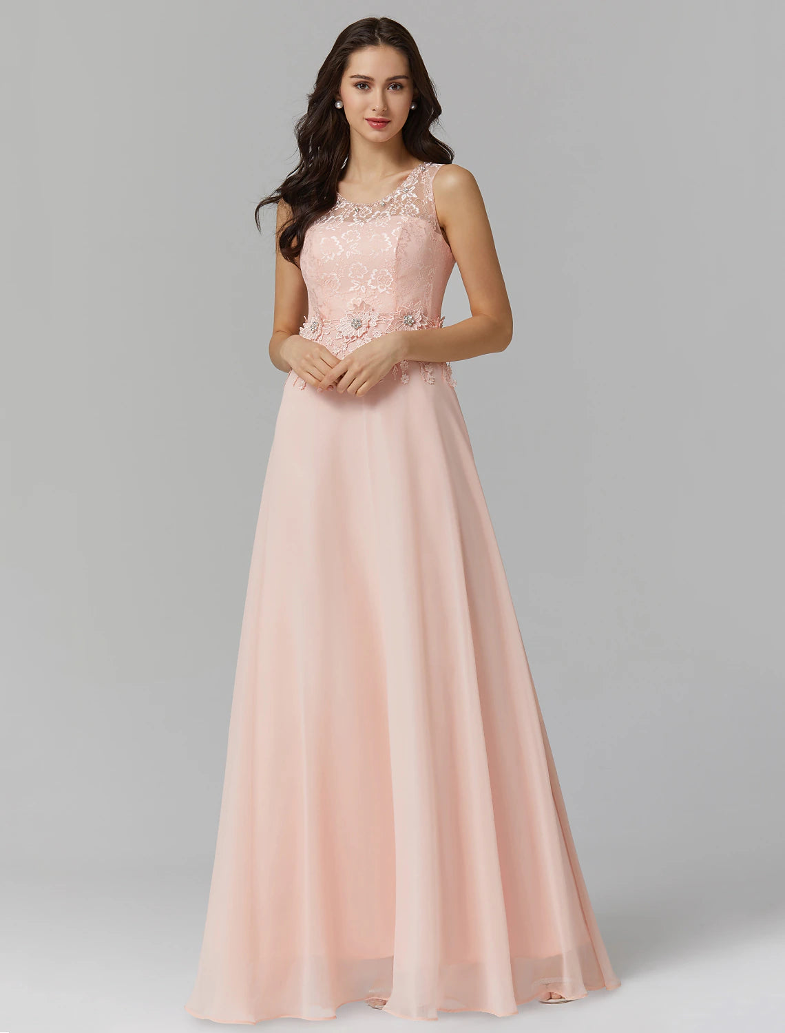 Blushing Pink Chiffon A-Line Floor-Length Dress with Lace bodice + Floral appliques and Scoop Neck | Jimiss