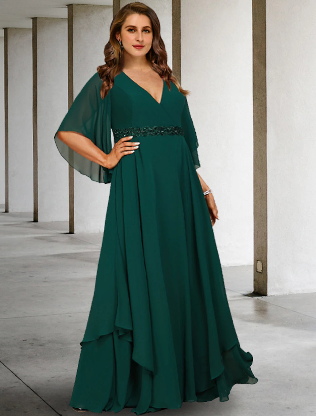 Emerald Chiffon A-Line Floor-Length Dress with V-Neck & Beaded waist + Layered skirt