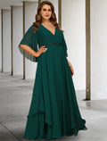 Emerald Chiffon A-Line Floor-Length Dress with V-Neck & Beaded waist + Layered skirt