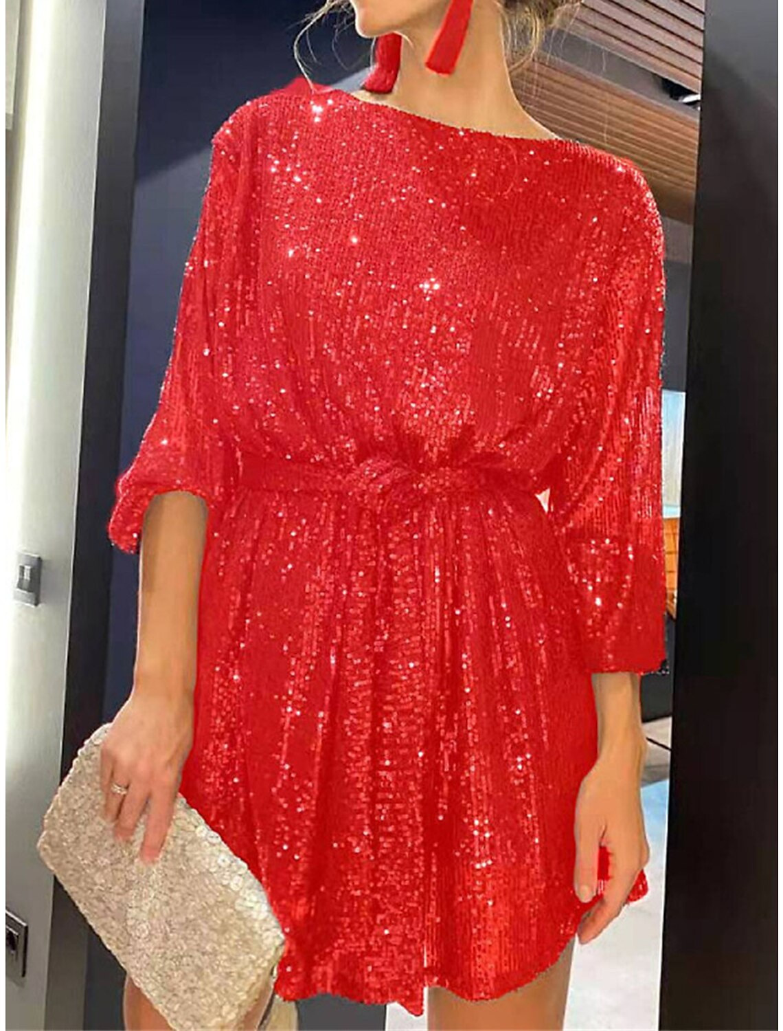 Abito da donna con paillettes, abito da festa, abito da ballo, miniabito, argento, nero, bianco, manica lunga, colore puro, con lacci, autunno, inverno, girocollo, rosso, abito per San Valentino, abito invernale, San Valentino, matrimonio