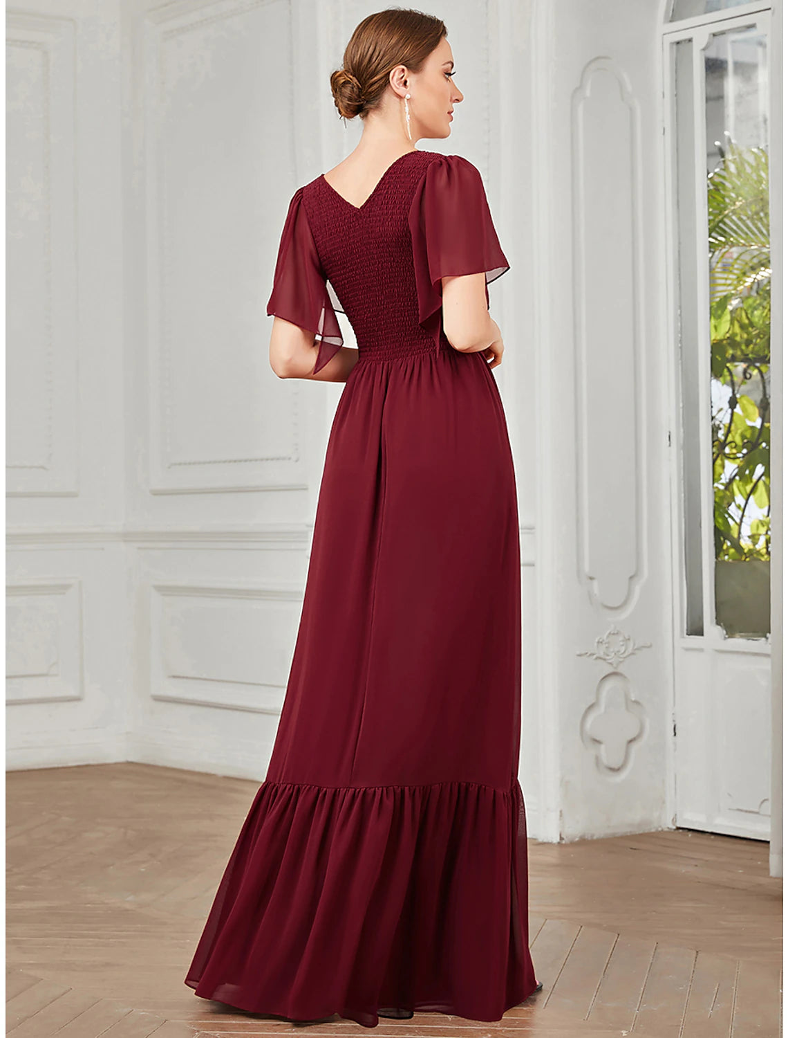 Dark Navy Chiffon A-Line Floor-Length Bridesmaid Dress with V-Neck, Flutter Sleeves & Smocked Bodice