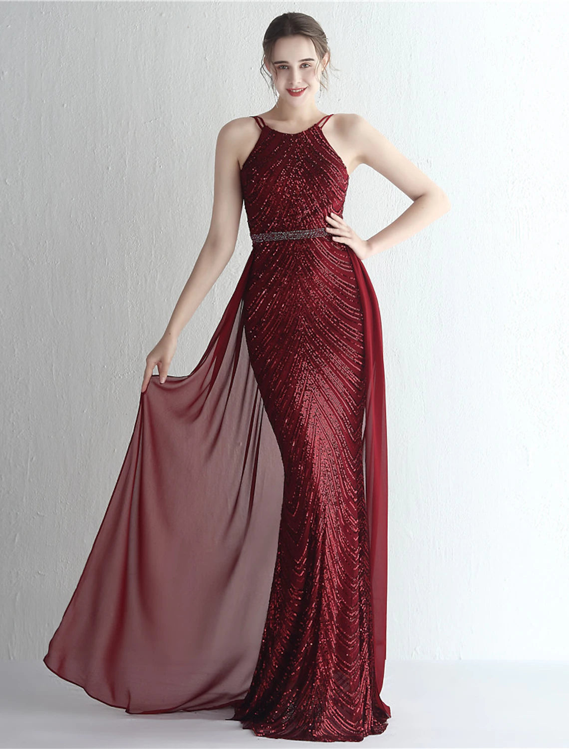 Burgundy Sequin Halter Backless Sheath Floor-Length Evening Dress