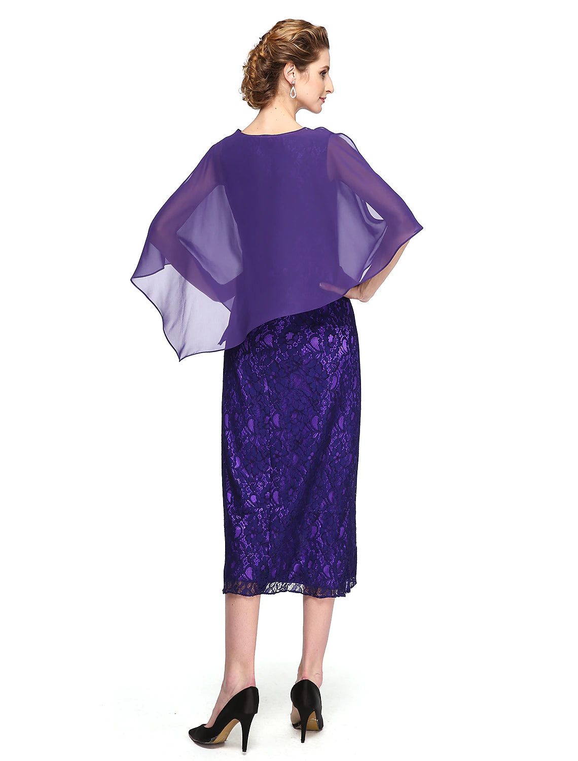 Abito da madre della sposa a trapezio, due pezzi, scollo gioiello, lunghezza tè, in chiffon, pizzo, senza maniche, con applicazioni a pieghe