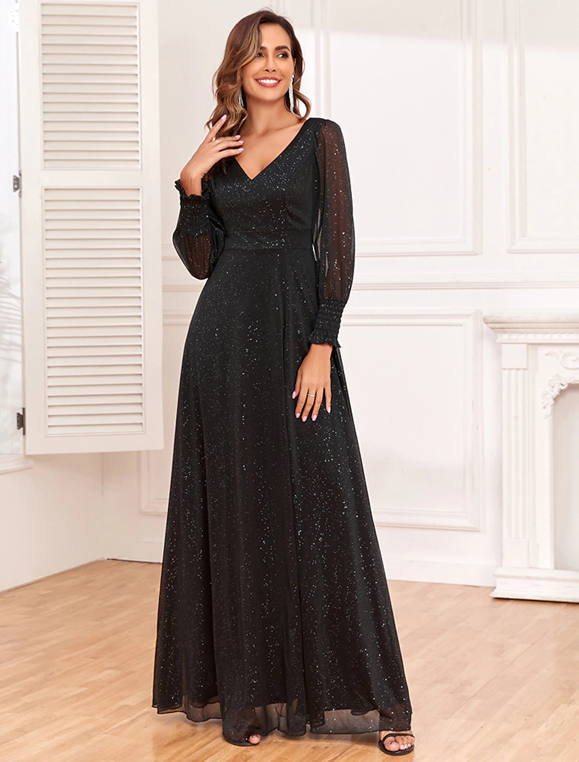 Black Glitter Fabric A-Line V-Neck Floor-Length Dress