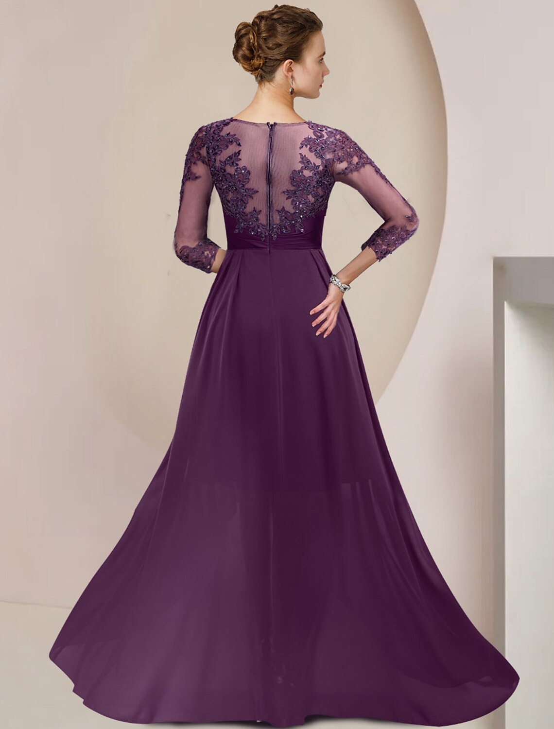 Vestido elegante para madre de la novia, con escote redondo, largo hasta la rodilla, de gasa, con encaje, mangas 3/4 y apliques de lentejuelas y cuentas.