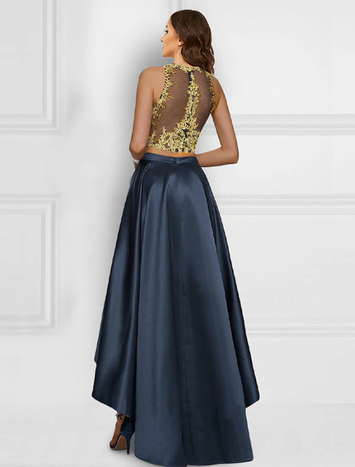 Dark Navy Satin A-Line High-Low Dress with Embroidered Crop Top