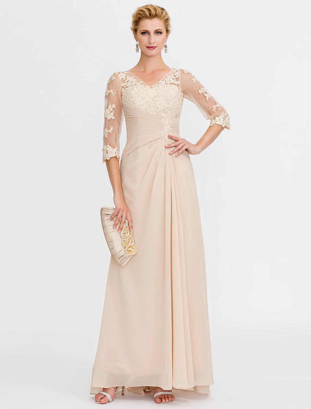 Blushing Pink Chiffon A-Line V-Neck Floor-Length Evening Dress with Lace Appliques