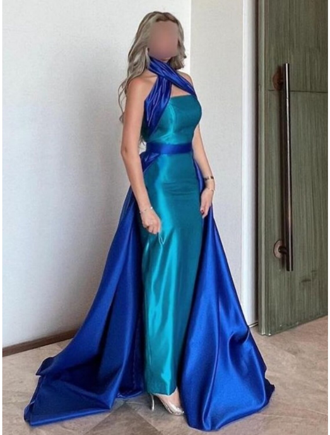 Royal Blue Satin A-Line Floor-Length Evening Dress with Halter Neckline & Backless Design