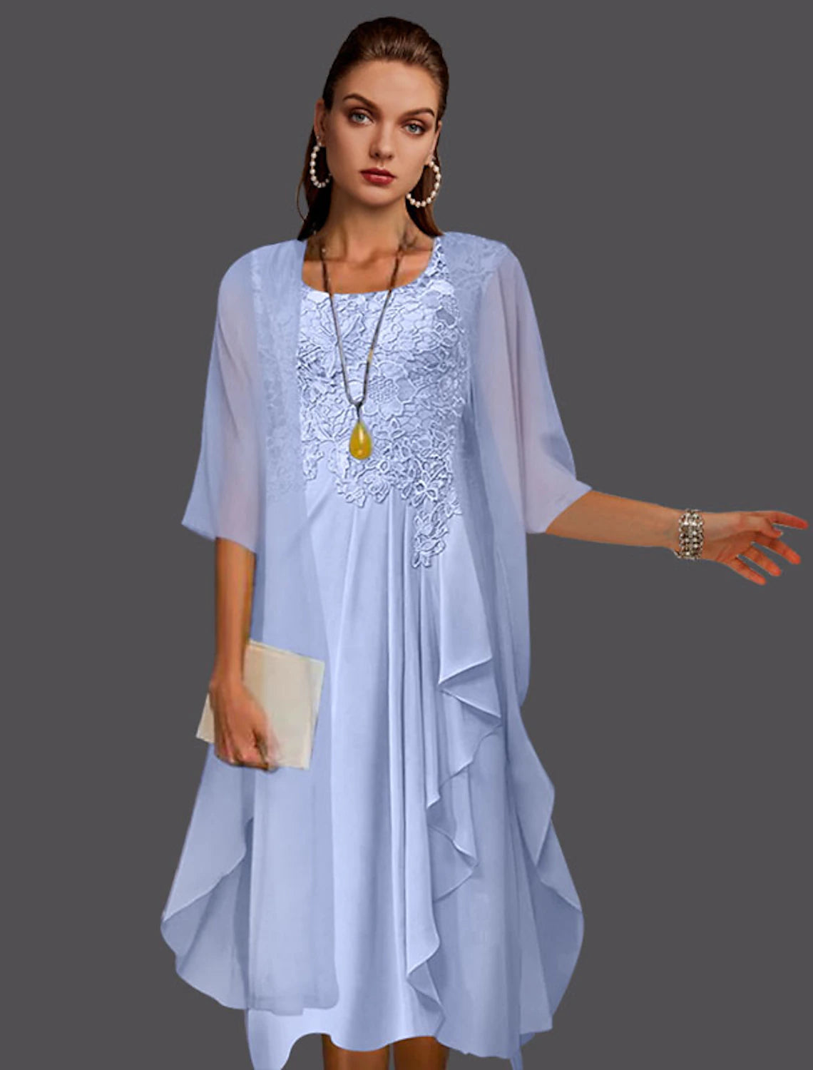 Abito da sposa a trapezio in due pezzi per la madre della sposa, elegante, a maniche lunghe, con scollo a barchetta, lunghezza al ginocchio, in pizzo e chiffon, con applicazioni di pieghe Jakcet