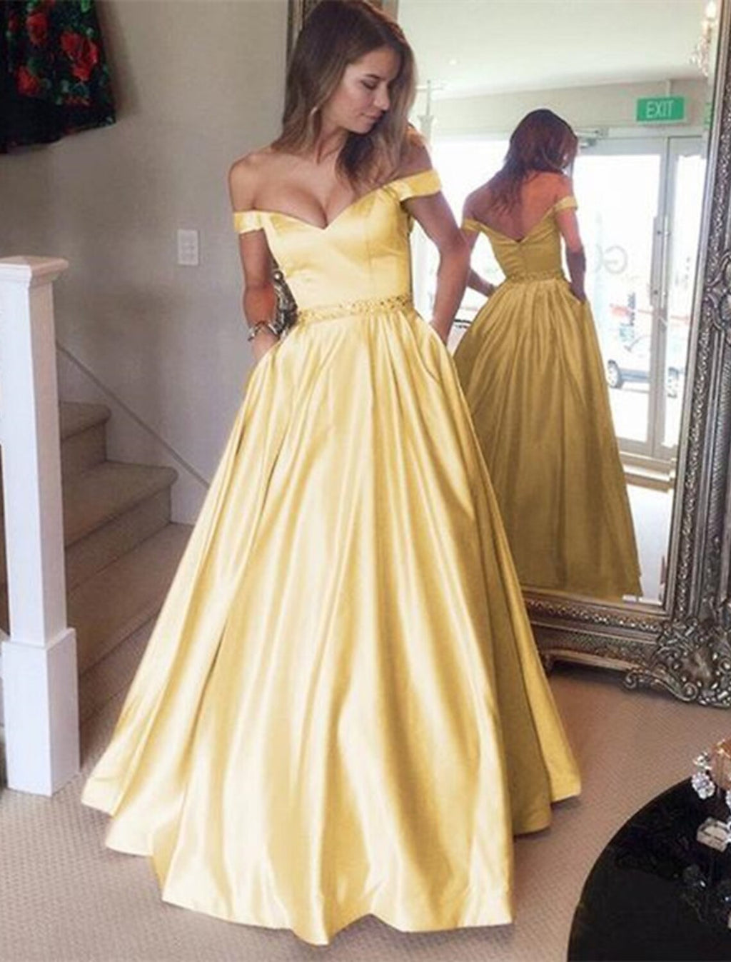Gold Satin A-Line Sweetheart Off-the-Shoulder Floor-Length Evening Dress