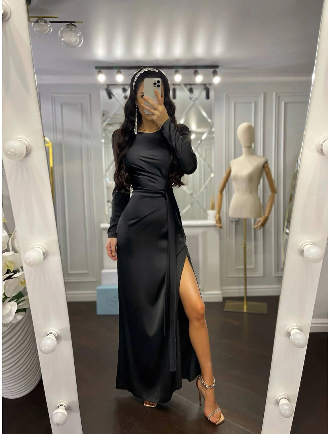Olive Green Satin Sheath/column Floor-Length Dress with Scoop Neck and Draped Bodice