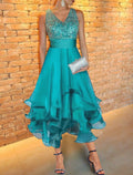Teal Sequin Bodice A-Line Chiffon Tea-Length Dress