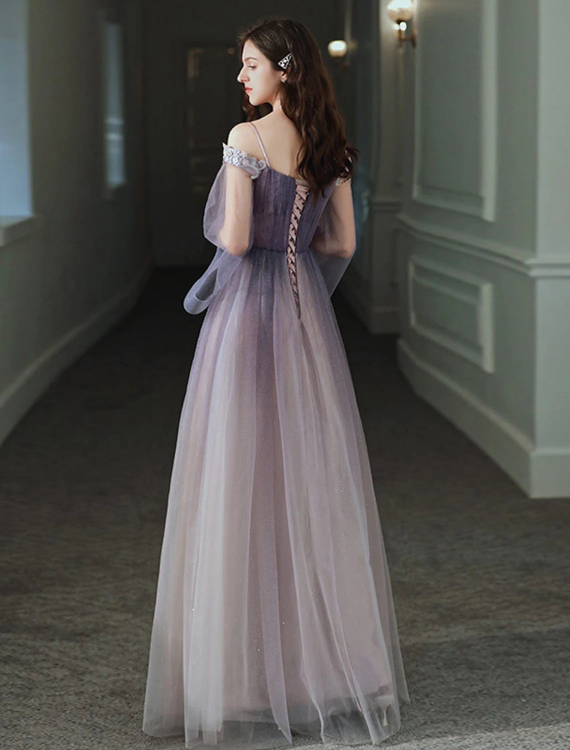 Lavender Off-the-Shoulder A-Line Floor-Length Evening Dress with Ombre Glitter Skirt