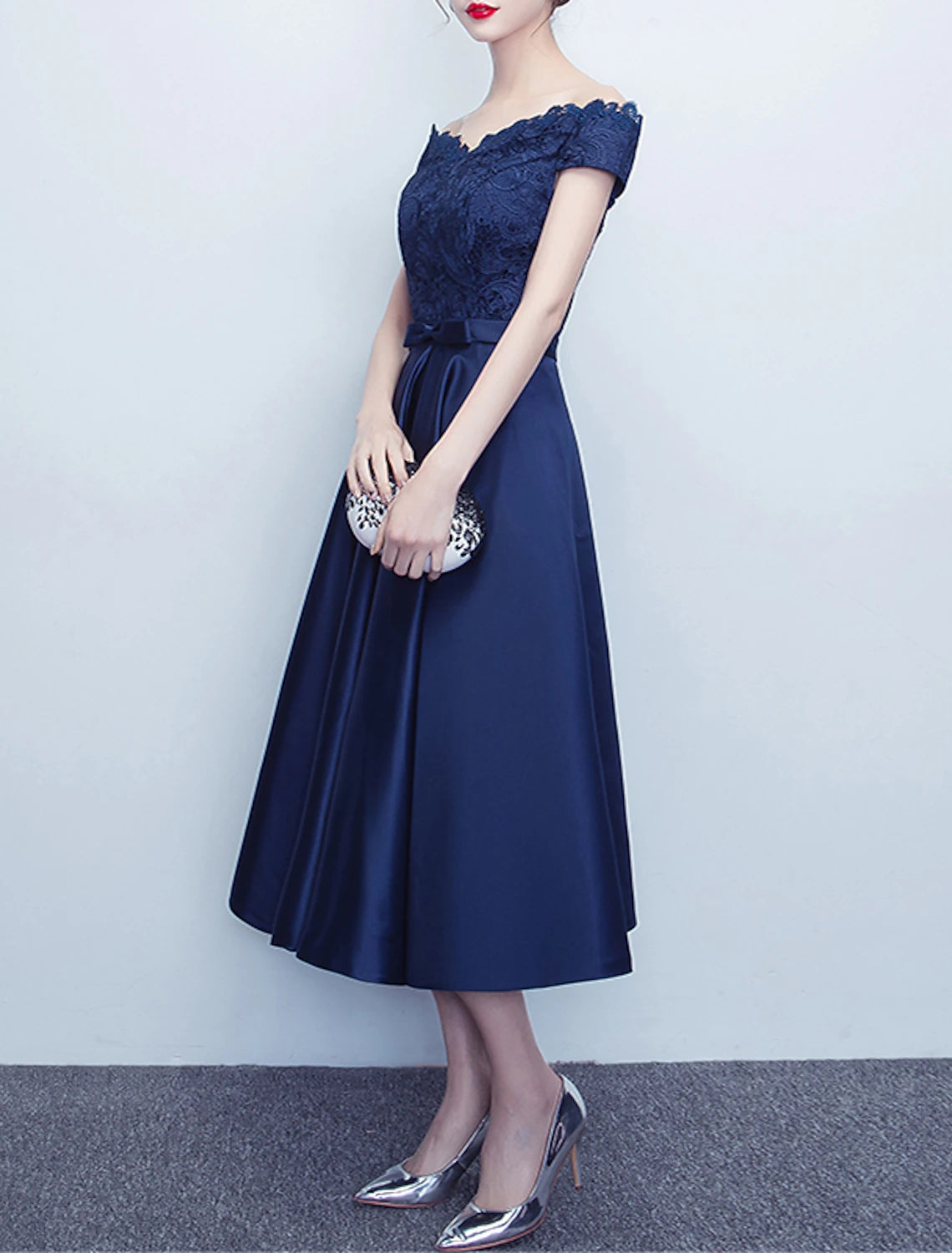 Dark Navy Satin A-Line Off-the-Shoulder Tea-Length Dress with Lace Bodice and Ribbon Bow