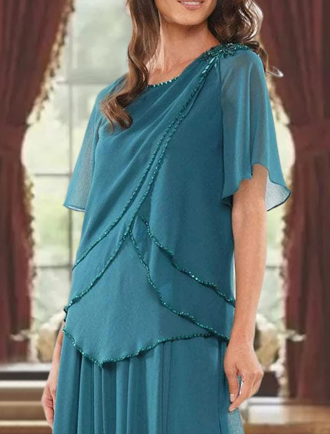 Abito da cerimonia per la madre della sposa, a trapezio, elegante, con scollo gioiello, lunghezza al pavimento, in chiffon, maniche corte, pieghe e perline