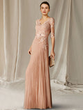 Blushing Pink V-Neck Lace & Chiffon A-Line Floor-Length Evening Dress