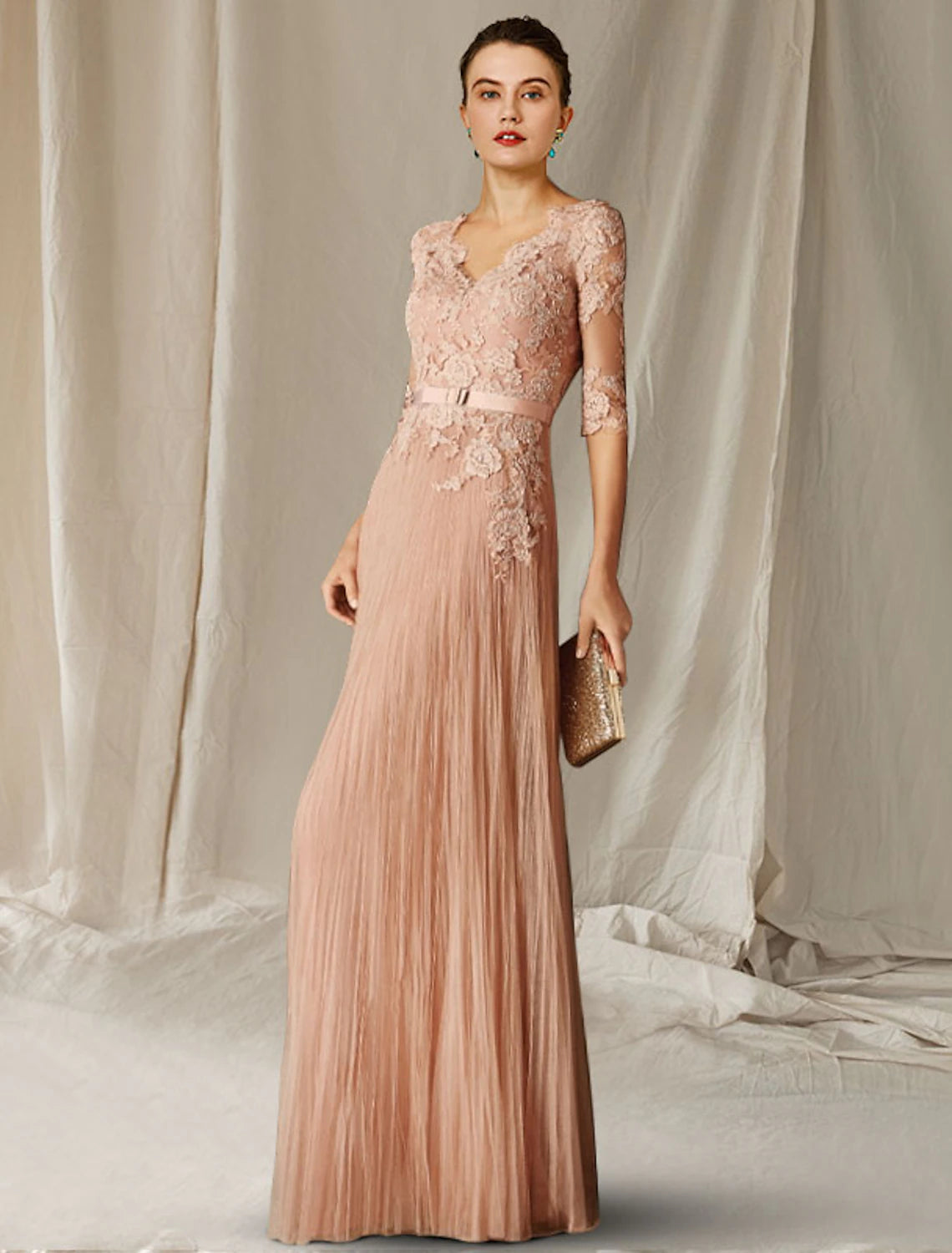 Blushing Pink V-Neck Lace & Chiffon A-Line Floor-Length Evening Dress
