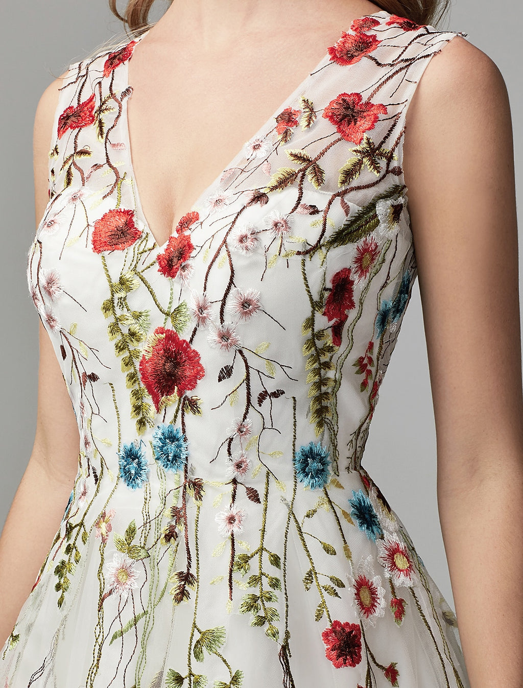 White Floral Embroidered Tulle A-Line Floor-Length Evening Dress