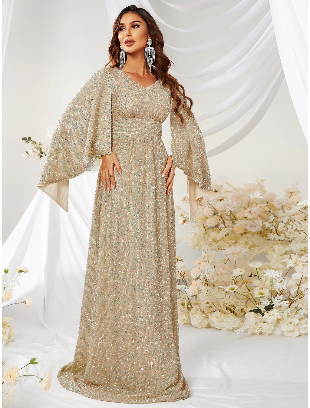 Abito da sera a trapezio, elegante, formale, da sposa, con strascico a ruota, manica lunga, scollo a V, mantelle in poliestere con paillettes
