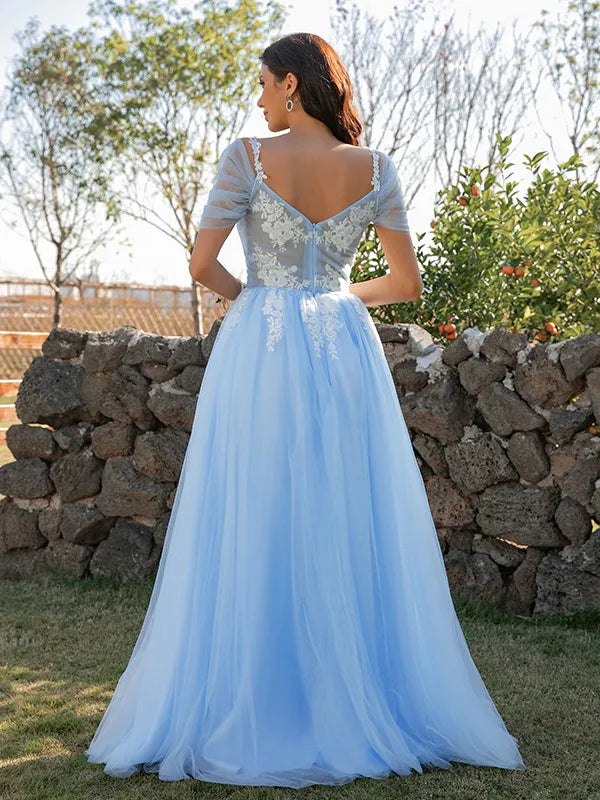 Dreamy Light Blue Tulle A-Line V-Neck Off Shoulder V-Back Prom Dress