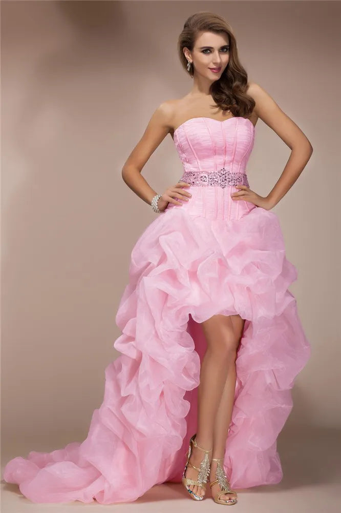 Romantic Pink Organza High Low Sweetheart Strapless Open Back Prom Gown