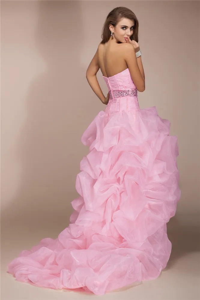 Romantic Pink Organza High Low Sweetheart Strapless Open Back Prom Gown