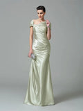 Elegant Sage Satin Mermaid Asymmetric Short Sleeve V-Back Mother Of Bride Dress