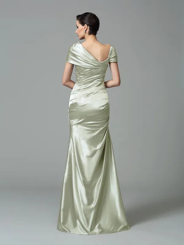 Elegant Sage Satin Mermaid Asymmetric Short Sleeve V-Back Mother Of Bride Dress