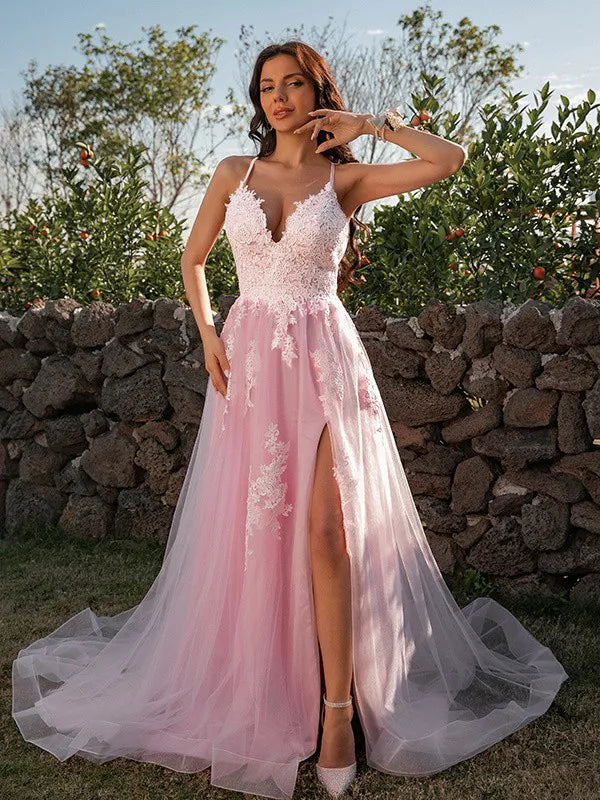 Romantic Pink Tulle A-Line V-Neck Spaghetti Crisscross Back Prom Dress