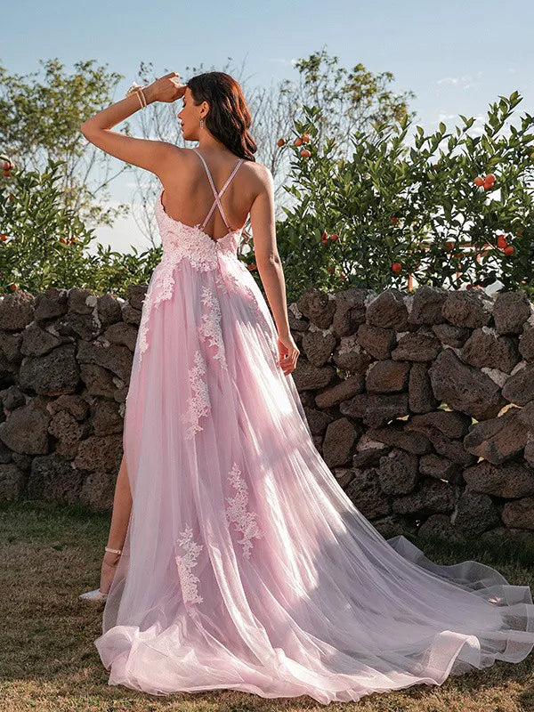 Romantic Pink Tulle A-Line V-Neck Spaghetti Crisscross Back Prom Dress