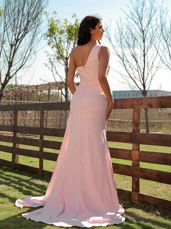 Elegant Blush Satin Mermaid Sweetheart One Shoulder Open Back Bridesmaid Gown