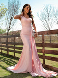 Elegant Blush Satin Mermaid Sweetheart One Shoulder Open Back Bridesmaid Gown