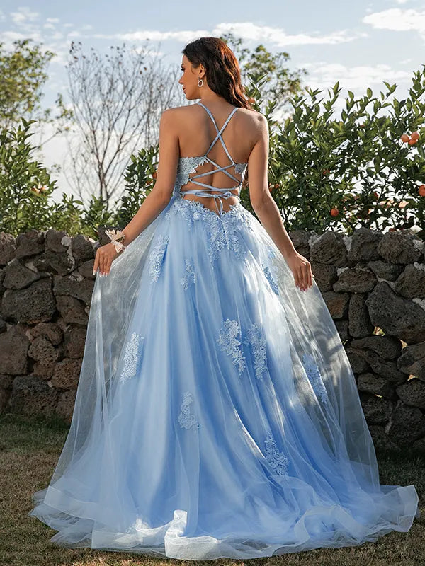 Romantic Light Blue Tulle A-Line Square Neck Crisscross Back Prom Dress