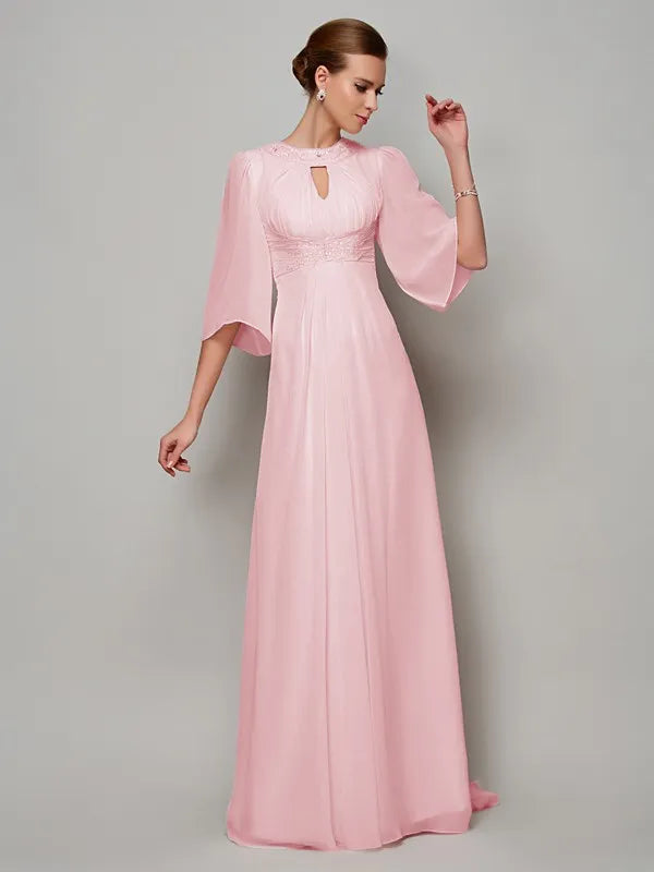 Elegant Pink Chiffon A-Line Keyhole Neck Bell Sleeve Mother Gown