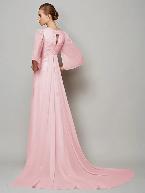 Elegant Pink Chiffon A-Line Keyhole Neck Bell Sleeve Mother Gown