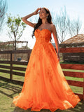Stunning Orange Tulle A-Line Sweetheart Strapless Plain Back Prom Dress
