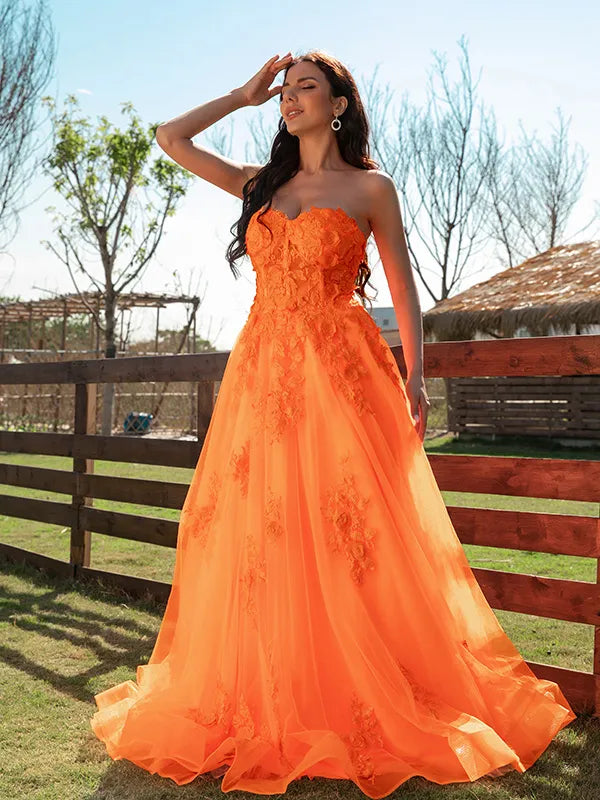 Stunning Orange Tulle A-Line Sweetheart Strapless Plain Back Prom Dress