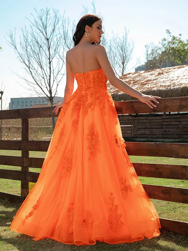 Stunning Orange Tulle A-Line Sweetheart Strapless Plain Back Prom Dress