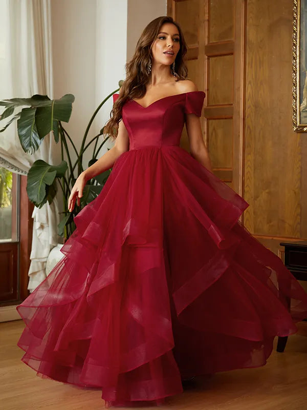 Gorgeous Burgundy Satin Tulle A-Line Off Shoulder Zip Back Prom Dress