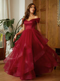 Gorgeous Burgundy Satin Tulle A-Line Off Shoulder Zip Back Prom Dress