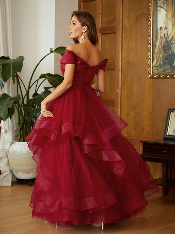 Gorgeous Burgundy Satin Tulle A-Line Off Shoulder Zip Back Prom Dress