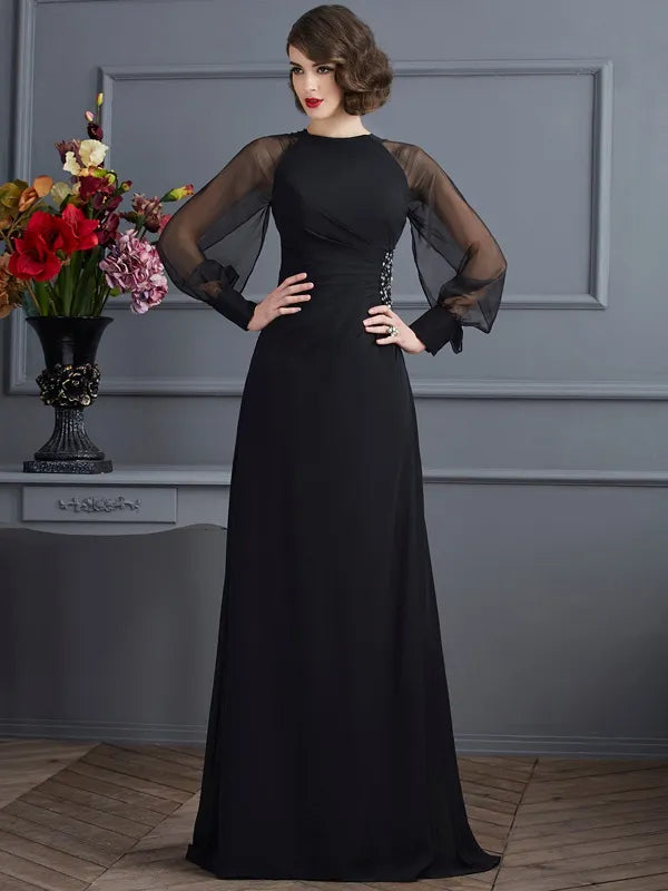 Classic Black Chiffon A-Line Round Neck Sheer Sleeve Zip Back Evening Dress