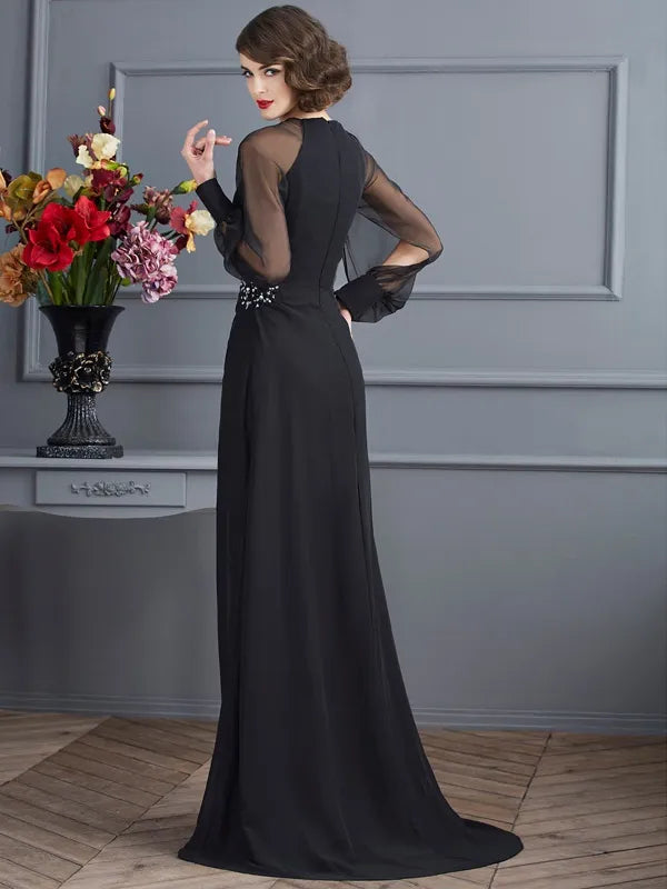 Classic Black Chiffon A-Line Round Neck Sheer Sleeve Zip Back Evening Dress