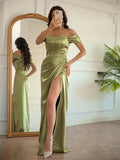 Elegant Olive Satin Mermaid Off Shoulder Short Sleeve Lace Back Prom Dress