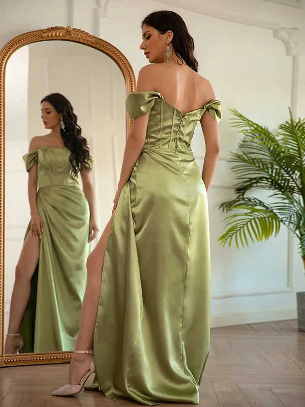 Elegant Olive Satin Mermaid Off Shoulder Short Sleeve Lace Back Prom Dress