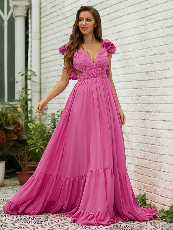 Romantic Hot Pink Chiffon A-Line V Neck Floral Strap Back Prom Dress