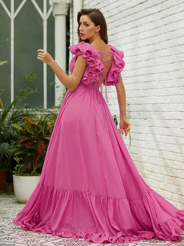 Romantic Hot Pink Chiffon A-Line V Neck Floral Strap Back Prom Dress